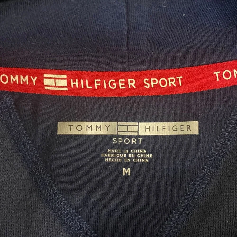 Y2K Tommy Hilfiger Sport Velour Chevron Hoodie Sweatshirt Blue Women's Medium - Picture 9 of 13
